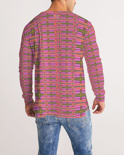 A vibrant pink plaid men’s long sleeve tee with bold patterns in pink purple orange and green colors