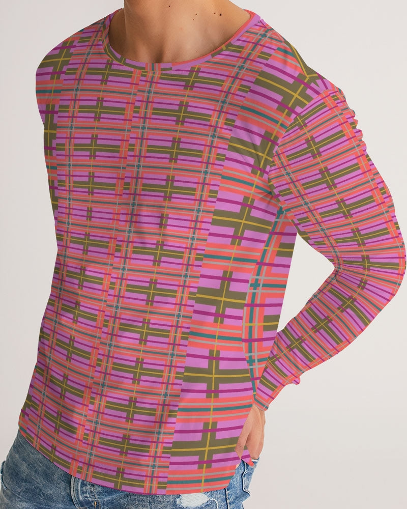 A vibrant pink plaid men’s long sleeve tee featuring a bold pattern in shades of pink orange and olive green