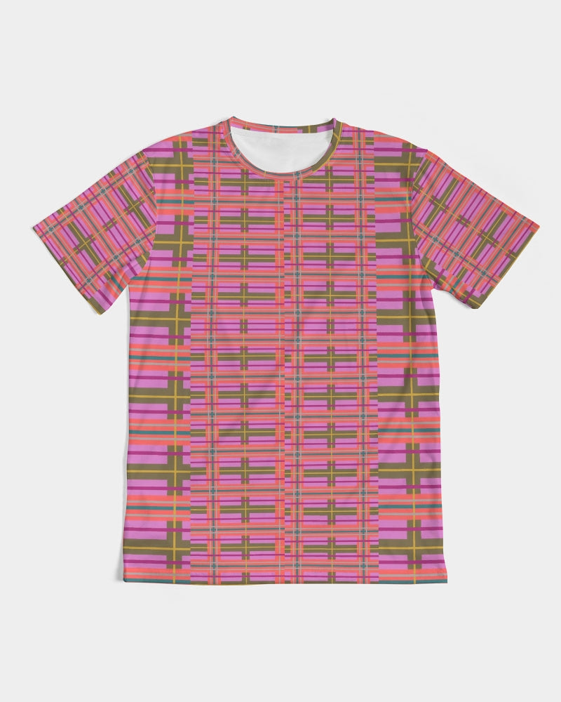 A vibrant pink and olive green plaid short-sleeve crew neck t-shirt perfect for casual men’s wear
