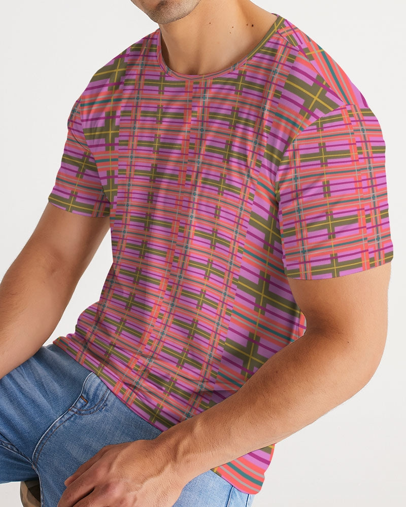 A vibrant pink and green plaid patterned short sleeve men’s tee made from soft breathable fabric