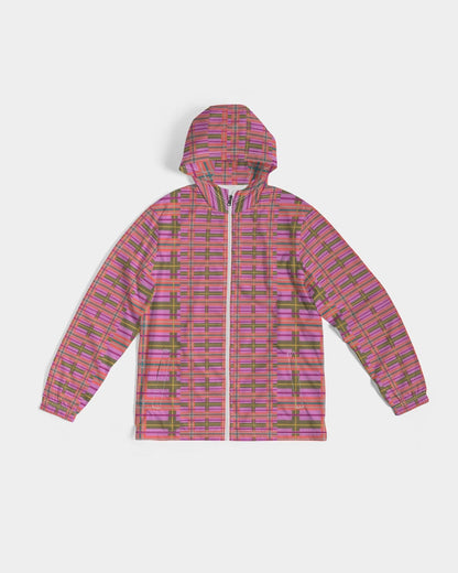A vibrant pink and green plaid men’s windbreaker jacket with a hood and full-length zipper for wind protection