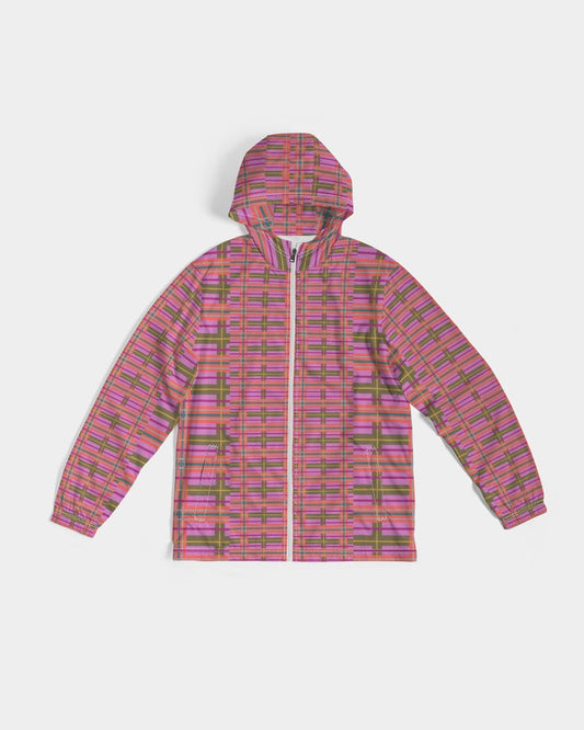 A vibrant pink and green plaid men’s windbreaker jacket with a hood and full-length zipper for wind protection