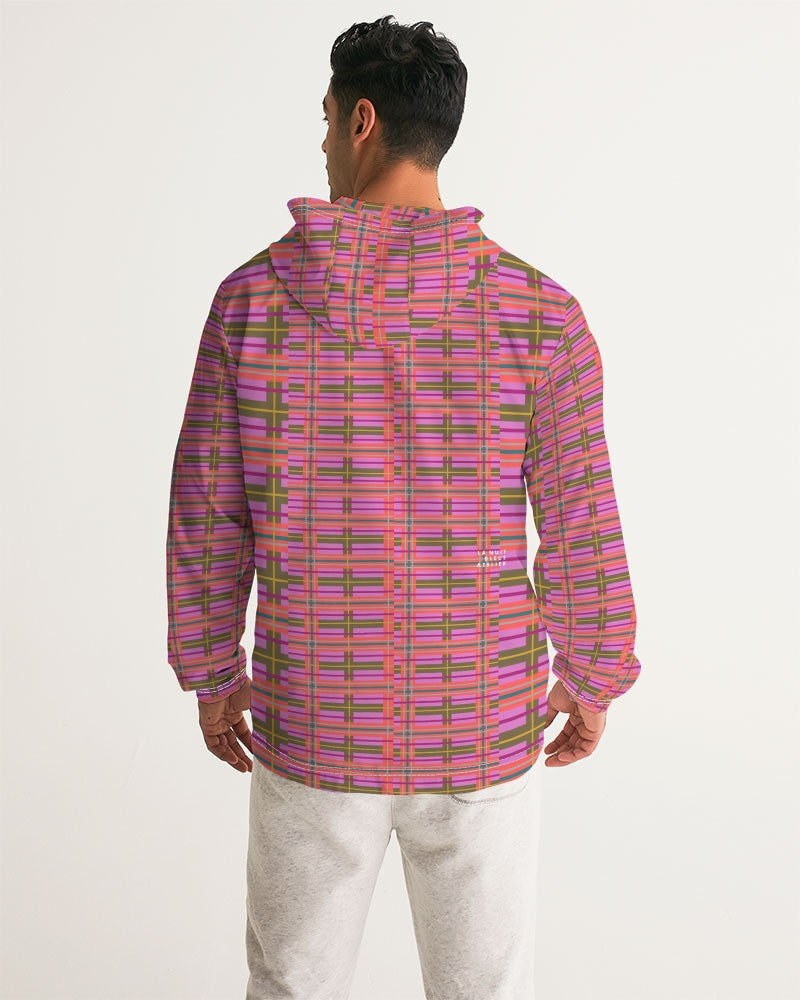 Pink plaid men’s windbreaker hooded jacket with vibrant pink and green plaid pattern and casual modern design