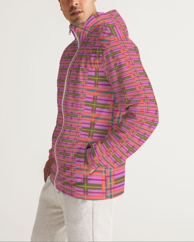 A vibrant pink plaid men’s windbreaker jacket with green accents and a white zipper hooded for outdoor use