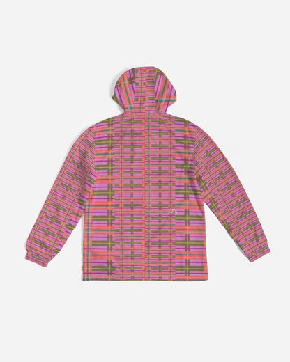 A vibrant pink and olive green plaid men’s windbreaker with a hood and modern geometric pattern