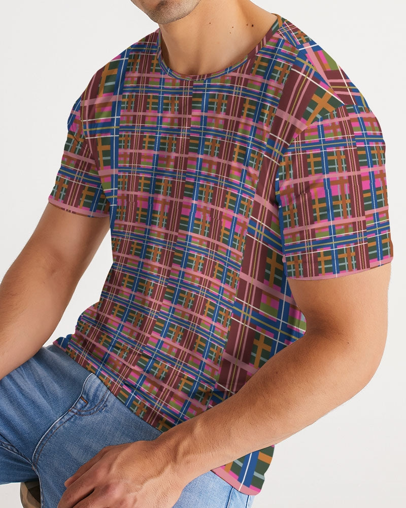 Pinky blue plaid men’s short-sleeved t-shirt with a bold pink blue maroon and green plaid pattern