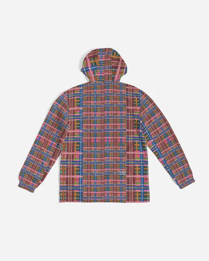 A vibrant pink blue and brown plaid men’s windbreaker jacket with a geometric pattern and a hood