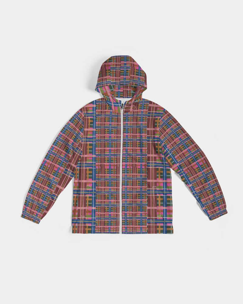 A vibrant pink blue and brown plaid hooded men’s windbreaker jacket with full-length zipper for wind protection