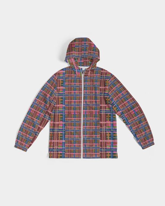 A vibrant pink blue and brown plaid hooded men’s windbreaker jacket with full-length zipper for wind protection