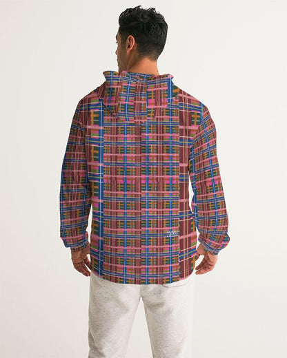 A vibrant pinky blue plaid men’s windbreaker with a bold geometric pattern and long sleeves with a hood