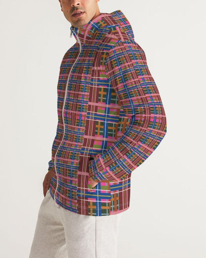 Pinky blue plaid men’s windbreaker hooded jacket with vibrant multicolored geometric pattern in pink blue green and brown