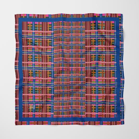 Pinky Blue Plaid Chiffon Square Scarf with Blue Accent