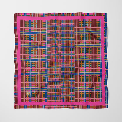 Pinky Blue Plaid Chiffon Square Scarf with Bright Pink Accent