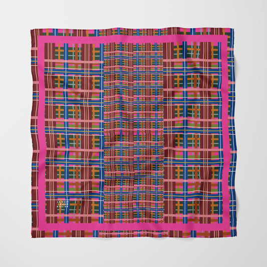 Pinky Blue Plaid Chiffon Square Scarf with Bright Pink Accent