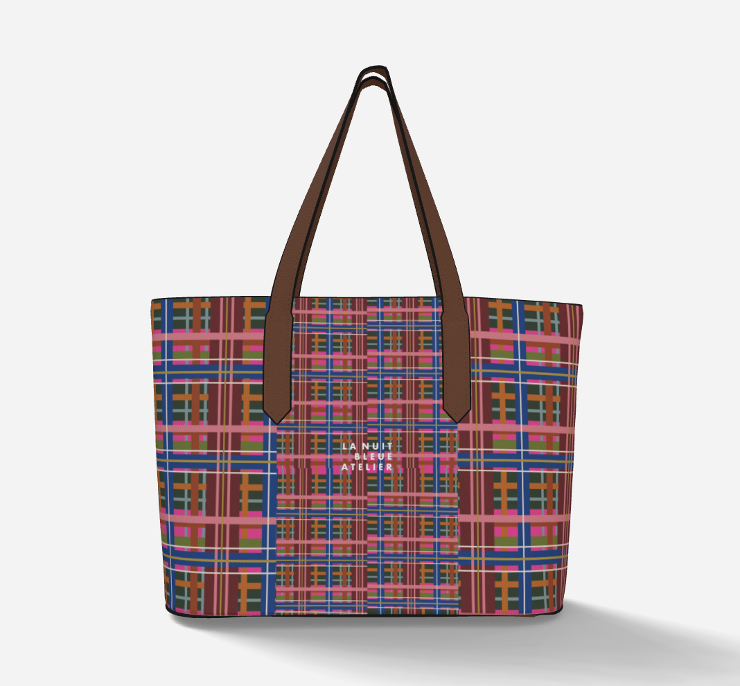 Pinky Blue Plaid Vegan Leather Tote