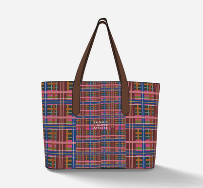 Pinky Blue Plaid Vegan Leather Tote