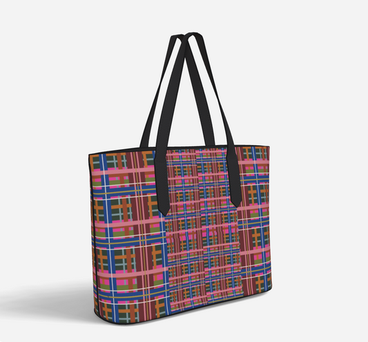 Pinky Blue Plaid Vegan Leather Tote