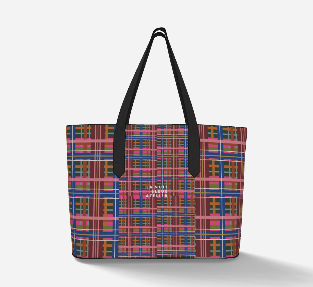 Pinky Blue Plaid Vegan Leather Tote